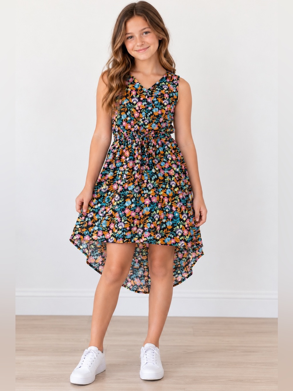 Girls Floral High-Low Dress With Built-In Shorts Size 12